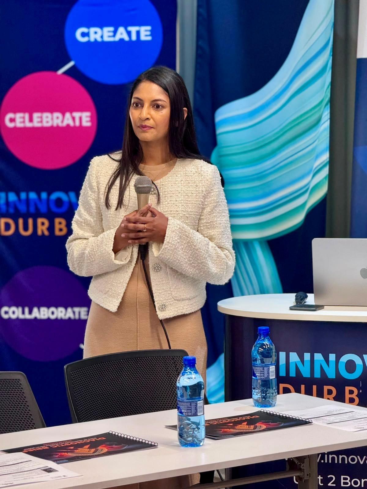 Ms Aurelia Albert, CEO of Innovate Durban, addresses guests at the Innovate Durban Living Lab in Cato Manor