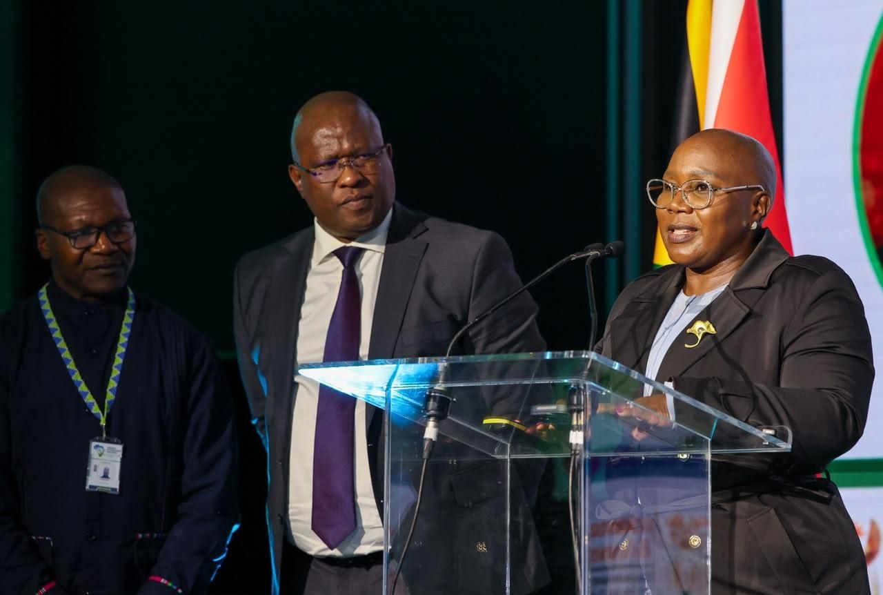 Deputy Minister Nomalungelo Gina addresses delegates from the podium at the 2026 Africa Green Hydrogen Summit