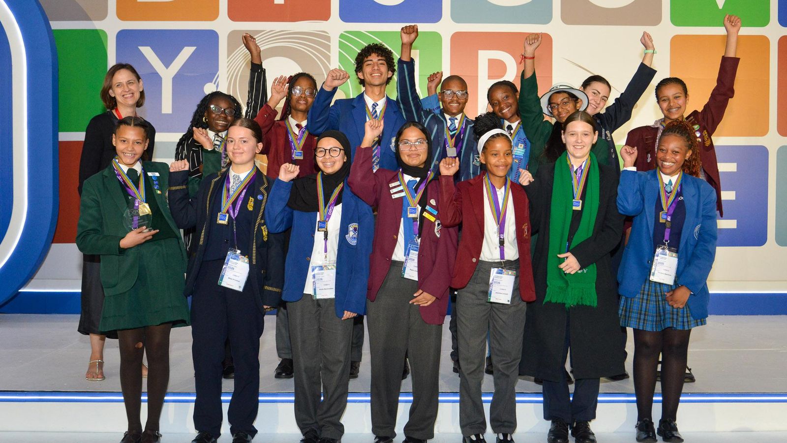 Gold medal-winning young scientists cheer on stage at the 2026 Eskom Expo International Science Fair in Johannesburg
